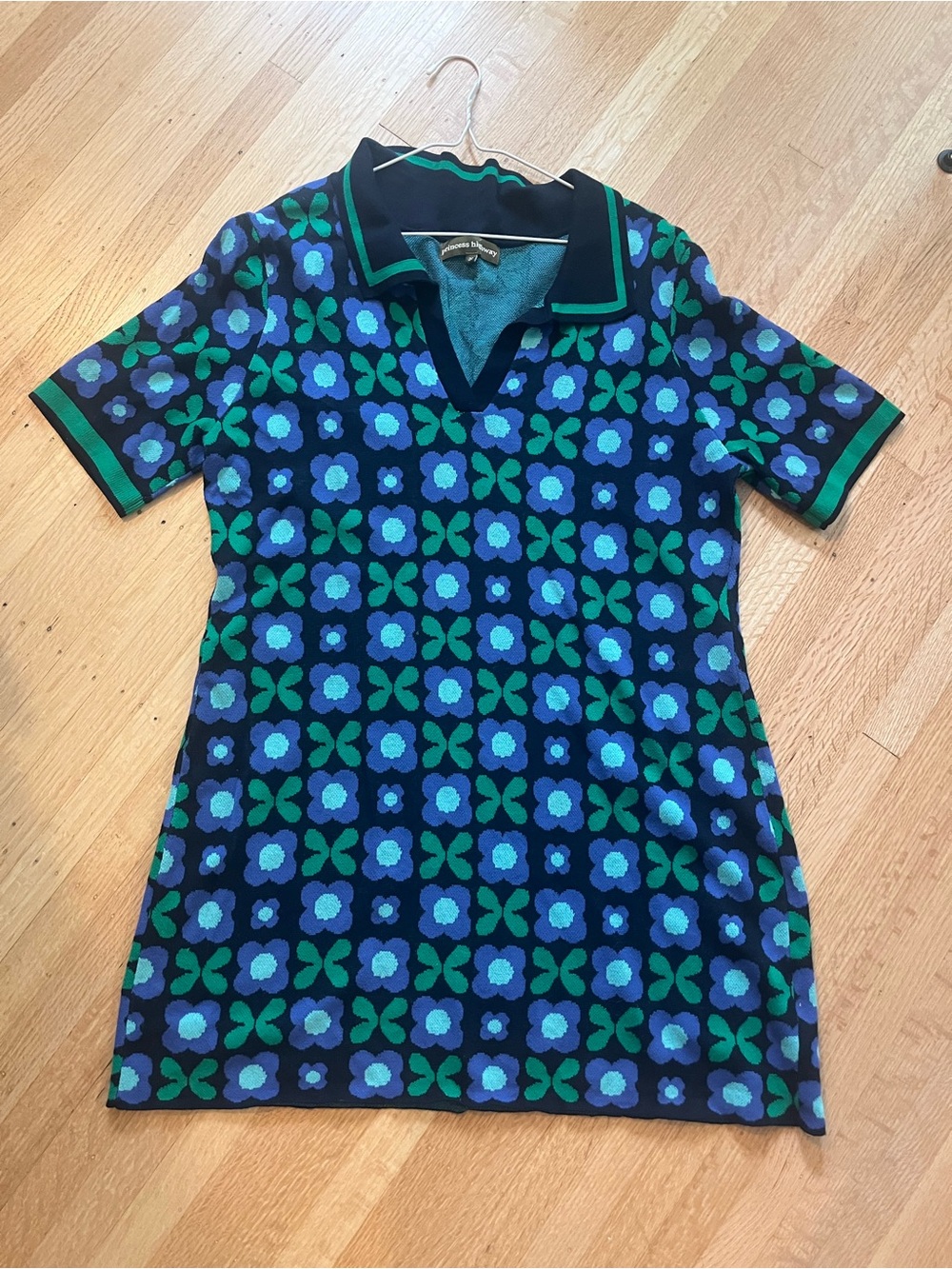 Retro Blue & Green Floral Knit Polo Dress
